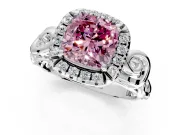 Halo Engagement Ring Setting for Fancy Pink Cushion Cut Center with Open Scroll Shoulders and Prong Head in White Gold