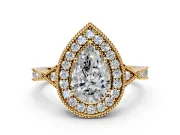Halo Engagement Ring Setting for Pear-Shaped Center with Milgrain Rim, Pave Band and Prong Head in Yellow Gold