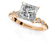 Solitaire Engagement Ring Setting for Princess Cut Center with Bezel-Dot Beaded Band and Prong Head in Rose Gold