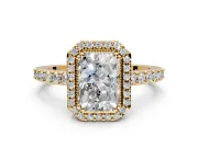 Halo Engagement Ring Setting for Radiant Cut Center with Inner Milgrain Border and Prong Head in Yellow Gold