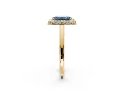 Halo Engagement Ring Setting for Fancy Blue Emerald Cut Center with Plain Tapered Band and Prong Head in Yellow Gold