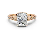 Cathedral Engagement Ring Setting for Radiant Cut Center with Antique-Style Pave Band and Prong Head in Rose Gold