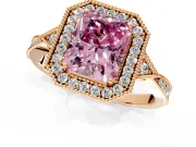 Halo Engagement Ring Setting for Fancy Pink Radiant Cut Center with Milgrain Rim, Pave Band and Prong Head in Rose Gold