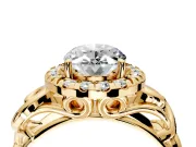 Halo Engagement Ring Setting for Oval Center with Open Scroll Shoulders and Prong Head in Yellow Gold