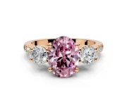 3 Stone Engagement Ring Setting for Fancy Pink Oval Center with Crossover Basket, Pave Band and Prong Head in Rose Gold