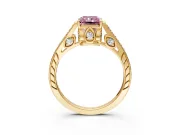 Cathedral Engagement Ring Setting for Fancy Pink Radiant Cut Center with Antique-Style Pave Band and Prong Head in Yellow Gold