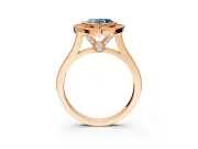 Halo Engagement Ring Setting for Fancy Blue Heart-Shaped Center with Milgrain Frame, Pave Band and Prong Head in Rose Gold