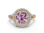 Double Halo Engagement Ring Setting for Fancy Pink Round Cut Center with Narrow Pave Split Shank and Prong Head in Yellow Gold
