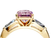 3 Stone Engagement Ring Setting for Fancy Pink Radiant Cut Center with Tapered Baguettes, Plain Band and Prong Head in Yellow Gold