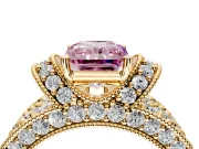 Pave Engagement Ring Setting for Fancy Pink Radiant Cut Center with Curved Accent Rows, Openwork and Prong Head in Yellow Gold