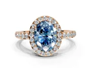 Halo Engagement Ring Setting for Fancy Blue Oval Center with Heart-Shaped Openwork, Pave Band and Prong Head in Rose Gold