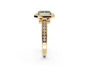 Halo Engagement Ring Setting for Fancy Green Radiant Cut Center with Outer Bezel Rim, Pave Band and Prong Head in Yellow Gold