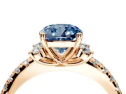 Paired Accent Engagement Ring Setting for Fancy Blue Cushion Cut Center with Pave Band and Prong Head in Rose Gold