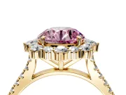 Halo Engagement Ring Setting for Fancy Pink Round Cut Center with Single-Row Pave, Open Basket and Prong Head in Yellow Gold