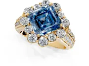 Large Accent Halo Engagement Ring Setting for Fancy Blue Asscher Cut Center with Pave Split Shank and Prong Head in Yellow Gold