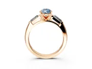 3 Stone Engagement Ring Setting for Fancy Blue Pear-Shaped Center with Tapered Baguettes, Plain Band and Prong Head in Rose Gold