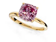 Hidden Halo Engagement Ring Setting for Fancy Pink Cushion Cut Center with Thin Round-Wire Band and Prong Head in Yellow Gold