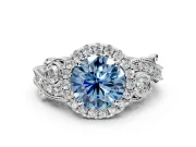 Milgrain Halo Engagement Ring Setting for Fancy Blue Round Cut Center with Shoulder Bezels and Prong Head in White Gold