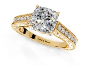 Solitaire Engagement Ring Setting for Cushion Cut Center with Engraved Pave Band and Prong Head in Yellow Gold