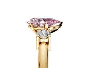 3 Stone Engagement Ring Setting for Fancy Pink Pear-Shaped Center with Wide Plain Band and Prong Head in Yellow Gold