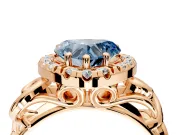 Halo Engagement Ring Setting for Fancy Blue Heart-Shaped Center with Open Scroll Shoulders and Prong Head in Rose Gold