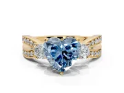 3 Stone Engagement Ring Setting for Fancy Blue Heart-Shaped Center with Pave Twist Band and Prong Head in Yellow Gold