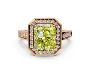 Halo Engagement Ring Setting for Fancy Yellow Emerald Cut Center with Outer Bezel Rim, Pave Band and Prong Head in Rose Gold