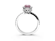 Halo Engagement Ring Setting for Fancy Pink Emerald Cut Center with Openwork Halo, Pave Band and Prong Head in Platinum