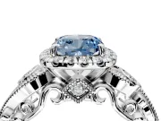 Milgrain Halo Engagement Ring Setting for Fancy Blue Cushion Cut Center with Shoulder Bezels and Prong Head in White Gold