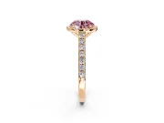 Halo Engagement Ring Setting for Fancy Pink Round Cut Center with Full Pave Band and Prong Head in Rose Gold