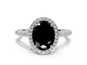 Halo Engagement Ring Setting for Fancy Black Oval Center with Pave Accents, Heart Basket and Prong Head in White Gold