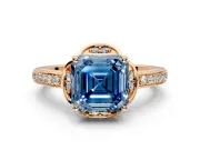 Floral Engagement Ring Setting for Fancy Blue Asscher Cut Center with Four Accent Clusters and Prong Head in Rose Gold