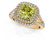 Double Halo Engagement Ring Setting for Fancy Yellow Cushion Cut Center with Narrow Pave Split Shank and Prong Head in Yellow Gold