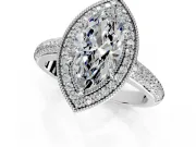Milgrain Halo Engagement Ring Setting for Marquise Center with Three-Sided Pave Band and Prong Head in Platinum