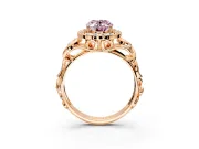 Halo Engagement Ring Setting for Fancy Pink Oval Center with Open Scroll Shoulders and Prong Head in Rose Gold