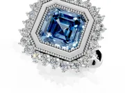 Halo Engagement Ring Setting for Fancy Blue Asscher Cut Center with Milgrain Bezel Rim, Plain Band and Prong Head in Sterling Silver