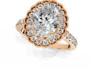 Milgrain Floral Halo Engagement Ring Setting for Oval Center with Pave Band and Prong Head in Rose Gold