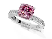 Solitaire Engagement Ring Setting for Fancy Pink Cushion Cut Center with Milgrain-Edged Pave Band and Prong Head in Platinum