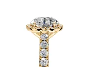 Halo Engagement Ring Setting for Round Cut Center with Full Pave Band and Prong Head in Yellow Gold