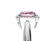 Halo Engagement Ring Setting for Fancy Pink Asscher Cut Center with Tapered Plain Band and Prong Head in White Gold