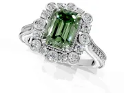 Milgrain Halo Engagement Ring Setting for Fancy Green Emerald Cut Center with Bezel Point Accents and Prong Head in Sterling Silver