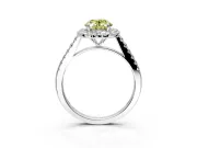 Halo Engagement Ring Setting for Fancy Yellow Oval Center with Narrowing Pave Band and Prong Head in White Gold