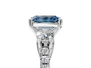 3 Stone Engagement Ring Setting for Fancy Blue Emerald Cut Center with Crossover Basket, Pave Band and Prong Head in White Gold