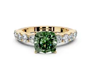 Shared-Prong Engagement Ring Setting for Fancy Green Cushion Cut Center with Graduated Accents and Prong Head in Yellow Gold