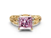 Solitaire Engagement Ring Setting for Fancy Pink Princess Cut Center with Filigree Accent Basket and Prong Head in Yellow Gold