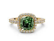 Halo Engagement Ring Setting for Fancy Green Cushion Cut Center with Inner Milgrain Border and Prong Head in Yellow Gold