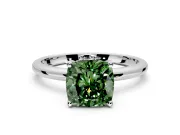 Hidden Halo Engagement Ring Setting for Fancy Green Cushion Cut Center with Thin Round-Wire Band and Prong Head in White Gold