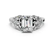 Leaf Cluster Engagement Ring Setting for Emerald Cut Center with Marquise Accents and Prong Head in White Gold