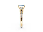3 Stone Engagement Ring Setting for Fancy Blue Radiant Cut Center with Crossover Basket, Pave Band and Prong Head in Yellow Gold
