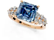 Cluster Engagement Ring Setting for Fancy Blue Asscher Cut Center with 2-Row Shoulder Clusters and Prong Head in Rose Gold